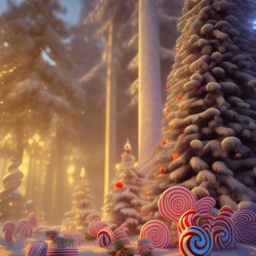 candy cane,bokeh, utra realistic,highly detailed, masterpiece, sharp focus,volumetric lighting, Vibrant, color Scheme, forest,ultra photoreal,hypermaximalist, unreal engine, HDR, UHD, 64K --v 4