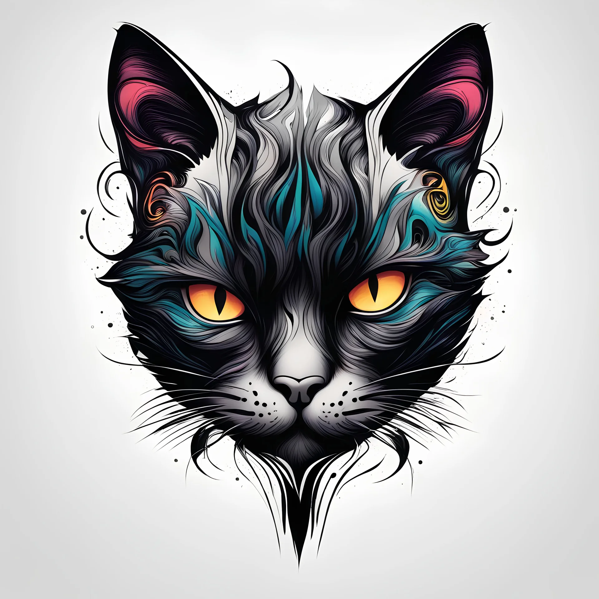 modern abstract vivid color tattoo ideas, simple minimalistic illustration on a pure white background < "The head of a tattooed black cat. dynamic image">