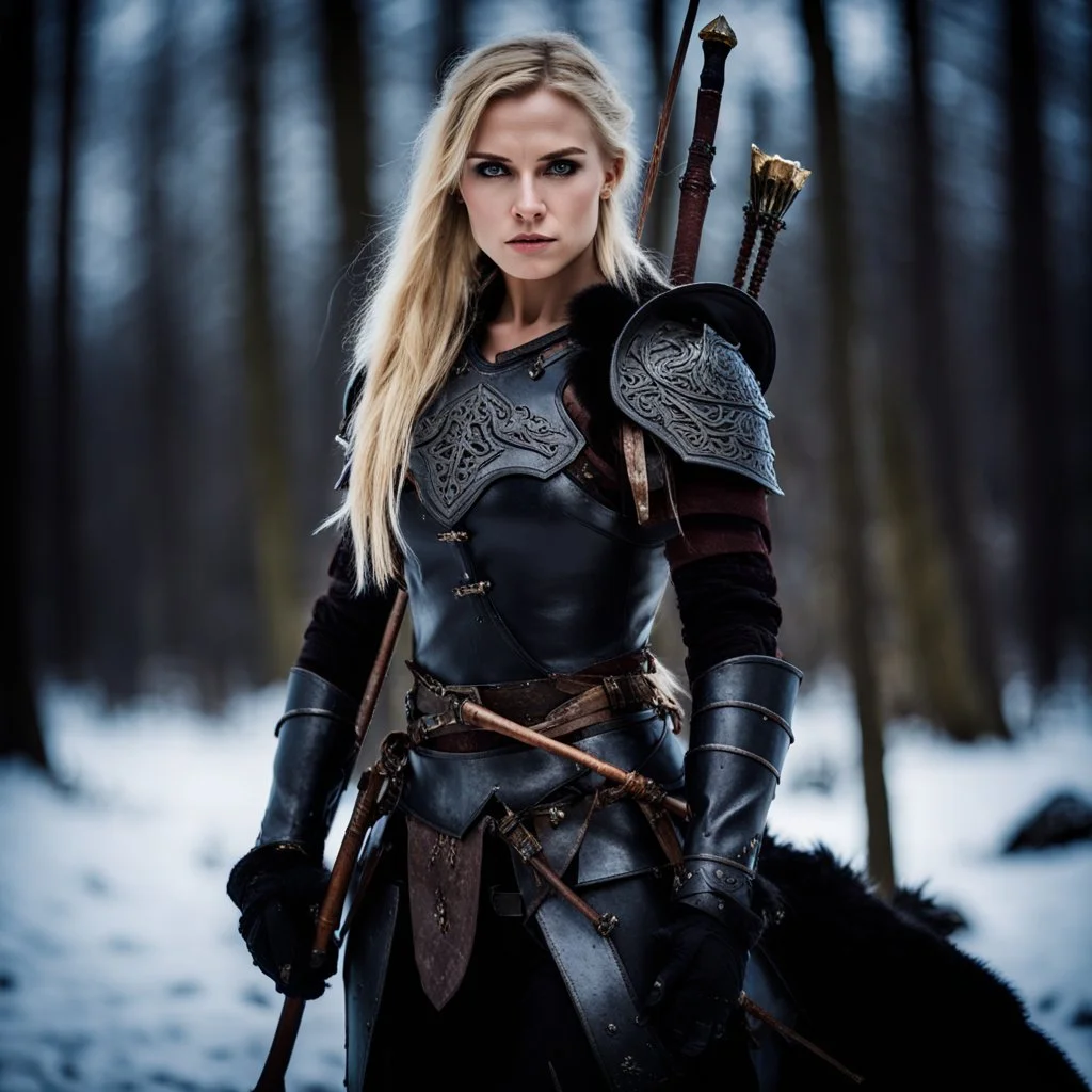 portrait of a 20 year old blonde female warrior wearing leather half armour and carrying a bow, dark fantasy, snowy landscape