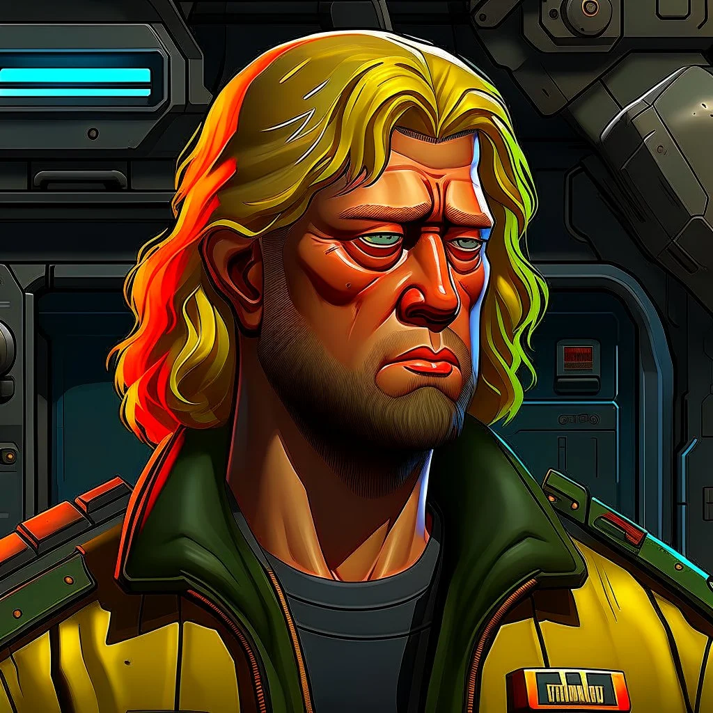 The submarine mechanic Blicke Blocknyckel, a blonde man with a mullet and muttonchops beard realistic grimdark