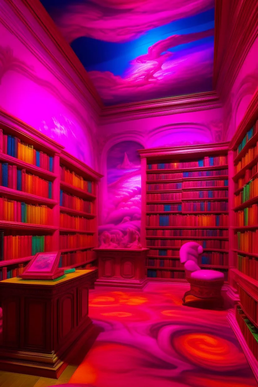 A magenta psychedelics library with telekinetic books painted by Michelangelo di Lodovico Buonarroti Simoni