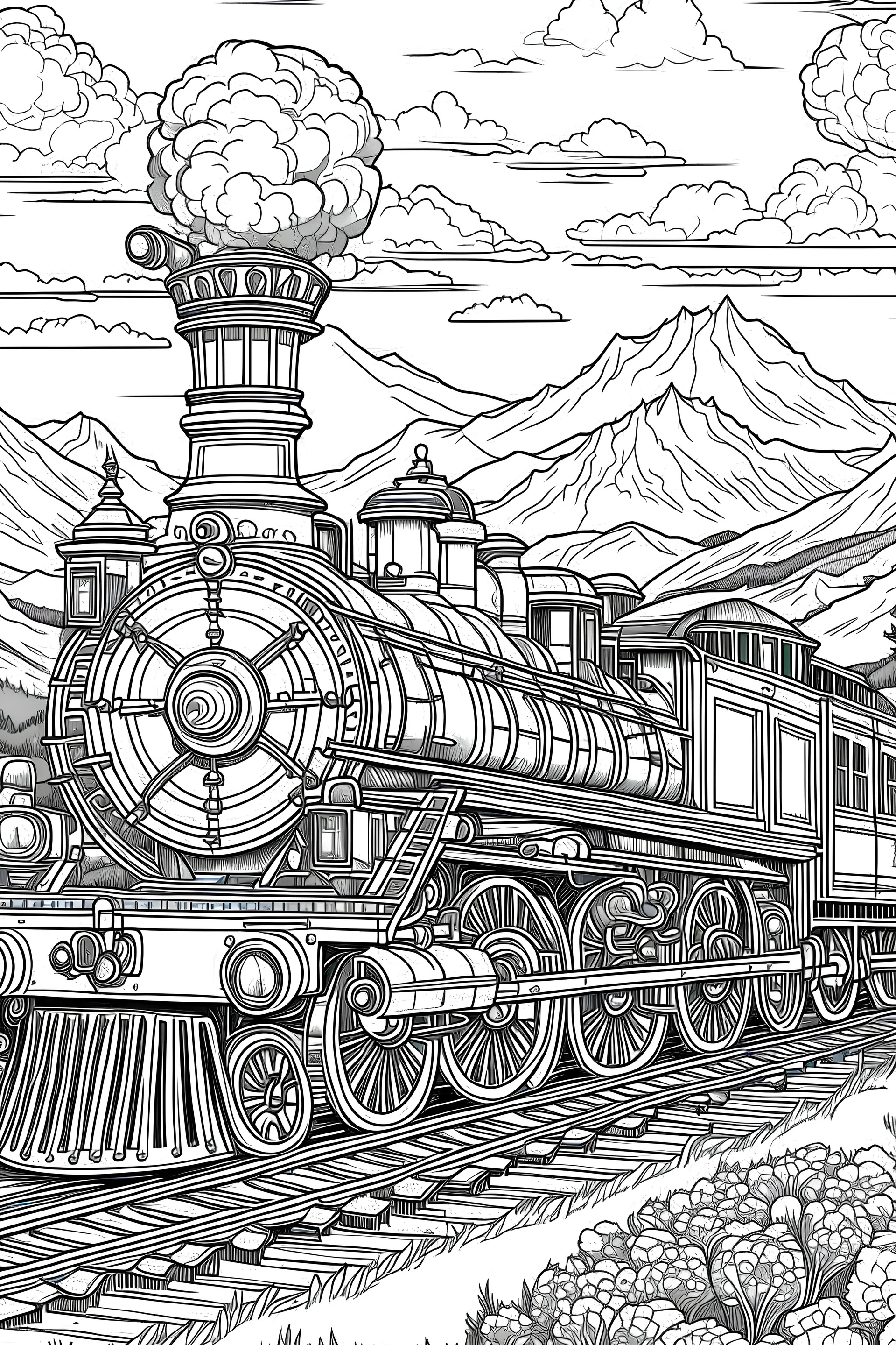 Generare una pagina da colorare con treni a vapore, come locomotive con diverse configurazioni di ruote (ad esempio, 4-4-0, 2-6-2) e stili (ad esempio, vintage, fantasy, futuristico). Incorporare i treni in paesaggi diversi e accattivanti, città, tra cui, ma non solo: Scene di campagna con dolci colline e prati. Ambienti urbani con stazioni ferroviarie, paesaggi urbani e ponti. Scene costiere con fari e viste sull'oceano. Sfondi campagna toscana