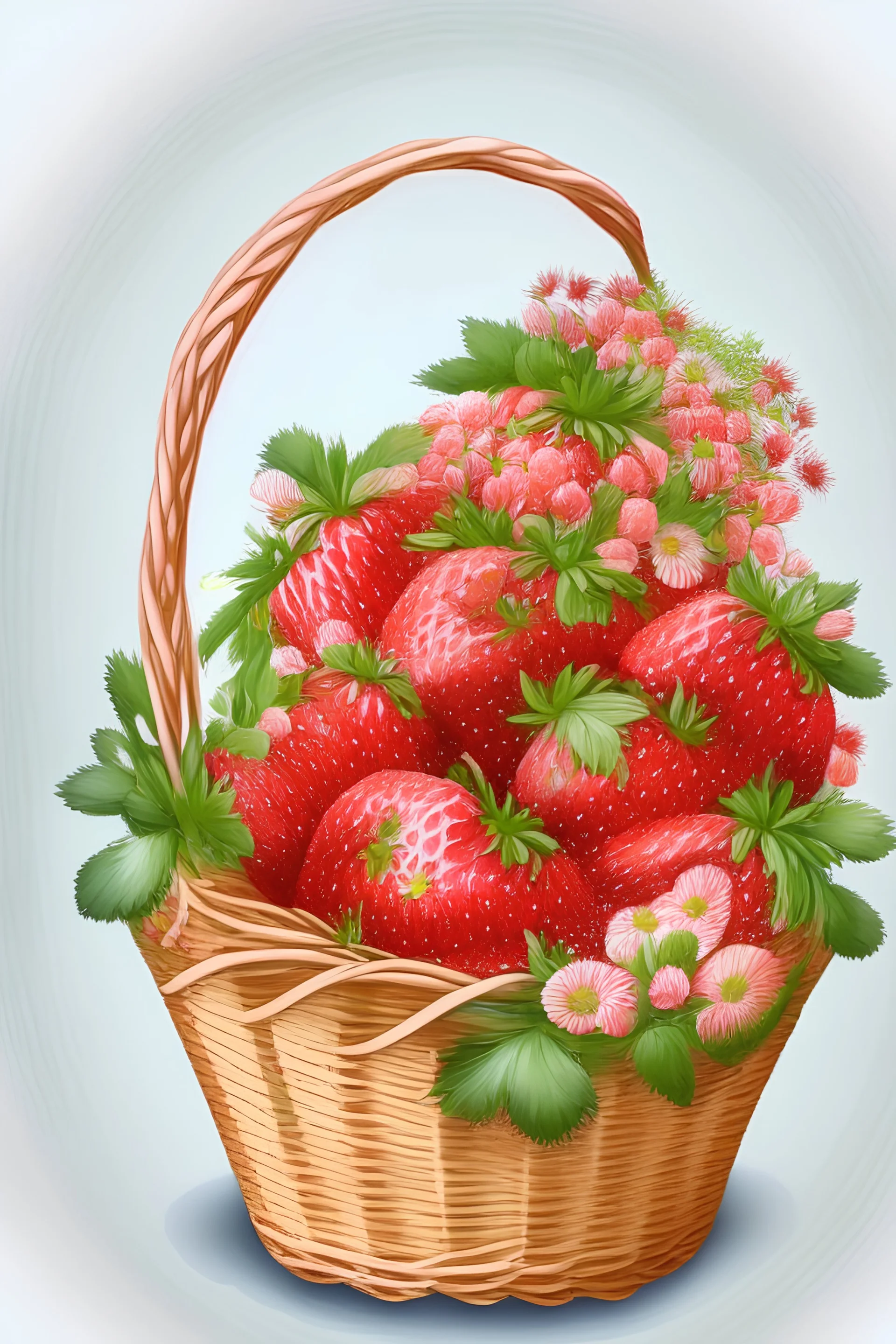 gambarkan bentuk buah strawberry di dalam kerangjang yang indah penuh bunga