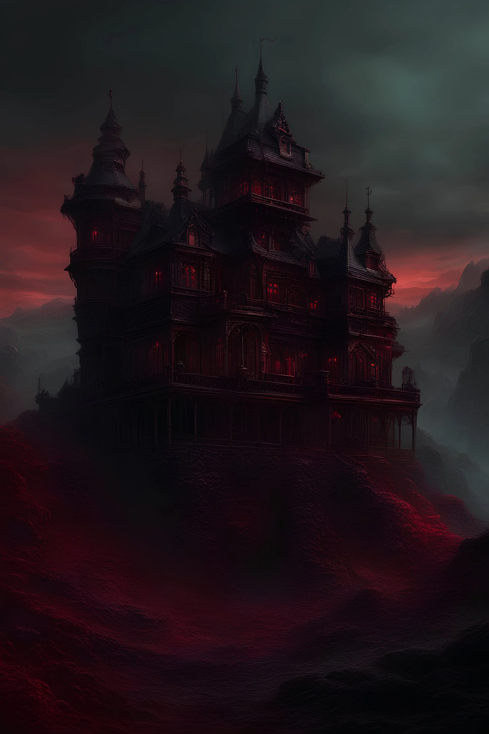 Evil crimson landscape with castle , detailed dark pretty cinematic, ultra detailed,demons lurk, vintage, detailed,hanging cages with dead people along the way, cold, triadic colors, intricate details, sharp focus, trending on artstation, hyper detailed painting by Ant Lucia, CGSociety, ZBrush Central, fantasy art, high resolution