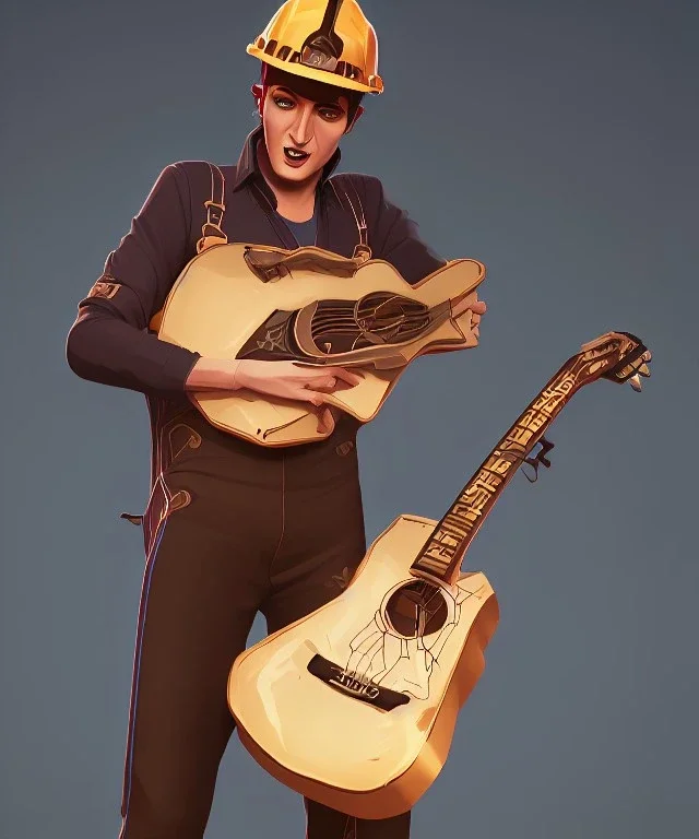 Elvis playing guitar in a hardhat and overalls