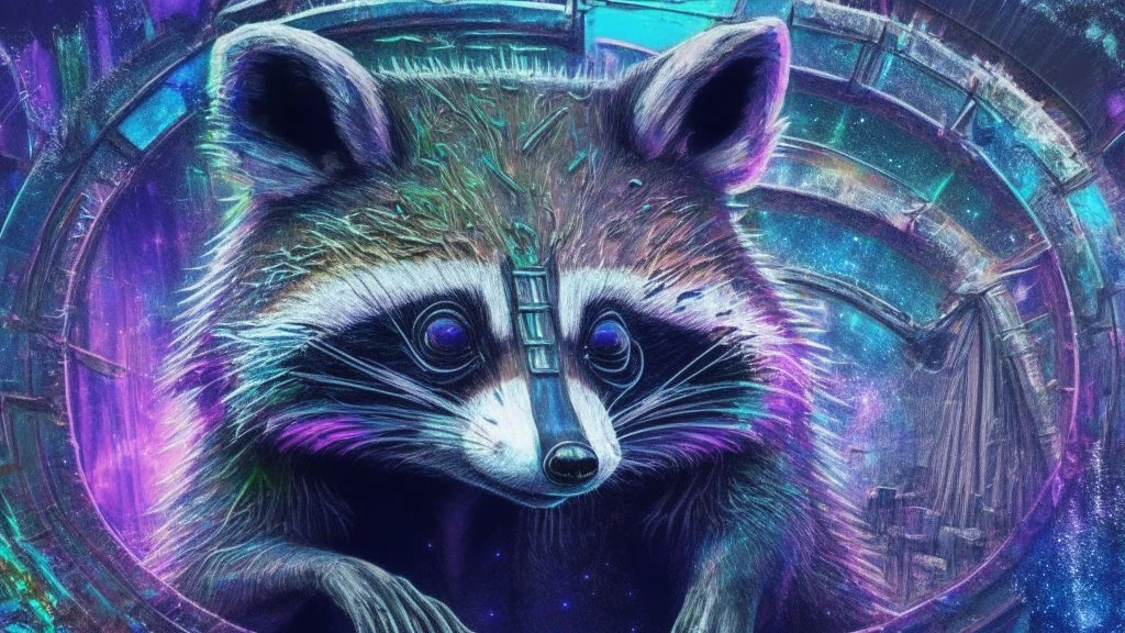 Graffiti trash panda; neo-surrealism dystopian eldritch elegant fantastical intricate hyperdetailed holographic magnificent meticulous mysterious ominous