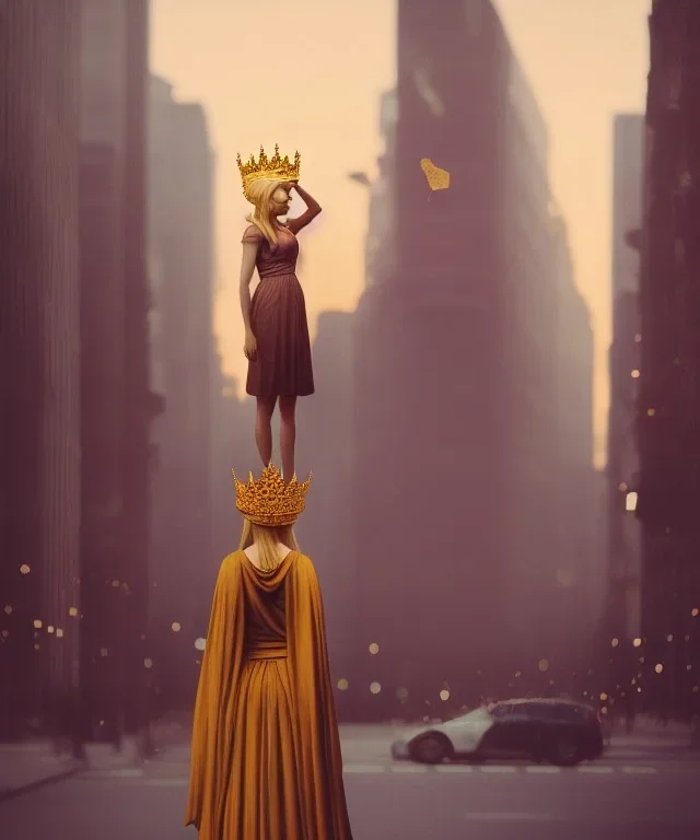 Statue of Queen of photography. Cute blonde woman. Photographer in golden crown. Standing on the street. Big camera in her hand. hyperdetailed, photorealistic, trending on artstation, greg rutkowski, beksinski, kodachrome, lomography, golden hour