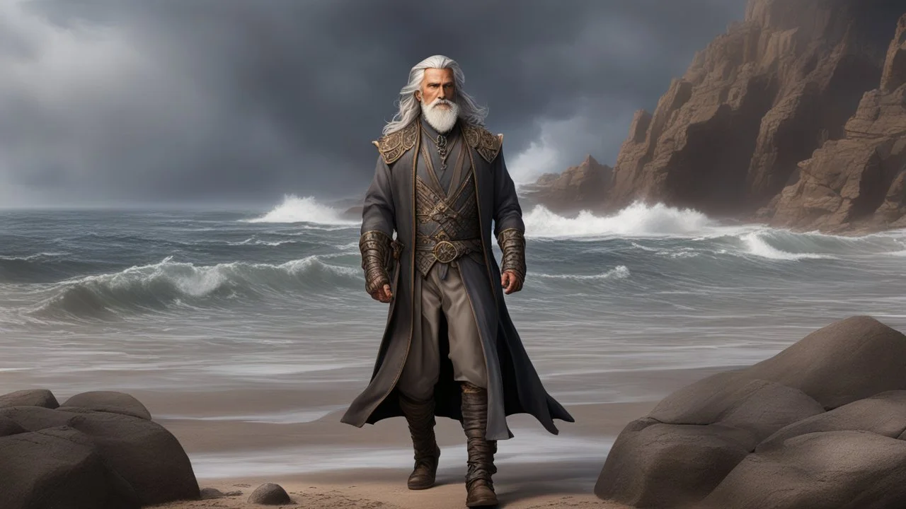 The stately and wise sorcerer named Pealda Stormbringer is walking on a rocky beach looking at a stormy ocean. He is dressed as a lord. He has grey hair and a white beard. beautiful light brown leather gloves. no jewelry. everything is intricately sculpted, exquisite realism, fantasy art, identical eyes, perfect face, Hyperrealistic, splash art, concept art, mid shot, intricately detailed, color depth, dramatic, 2/3 face angle, side light, colorful background