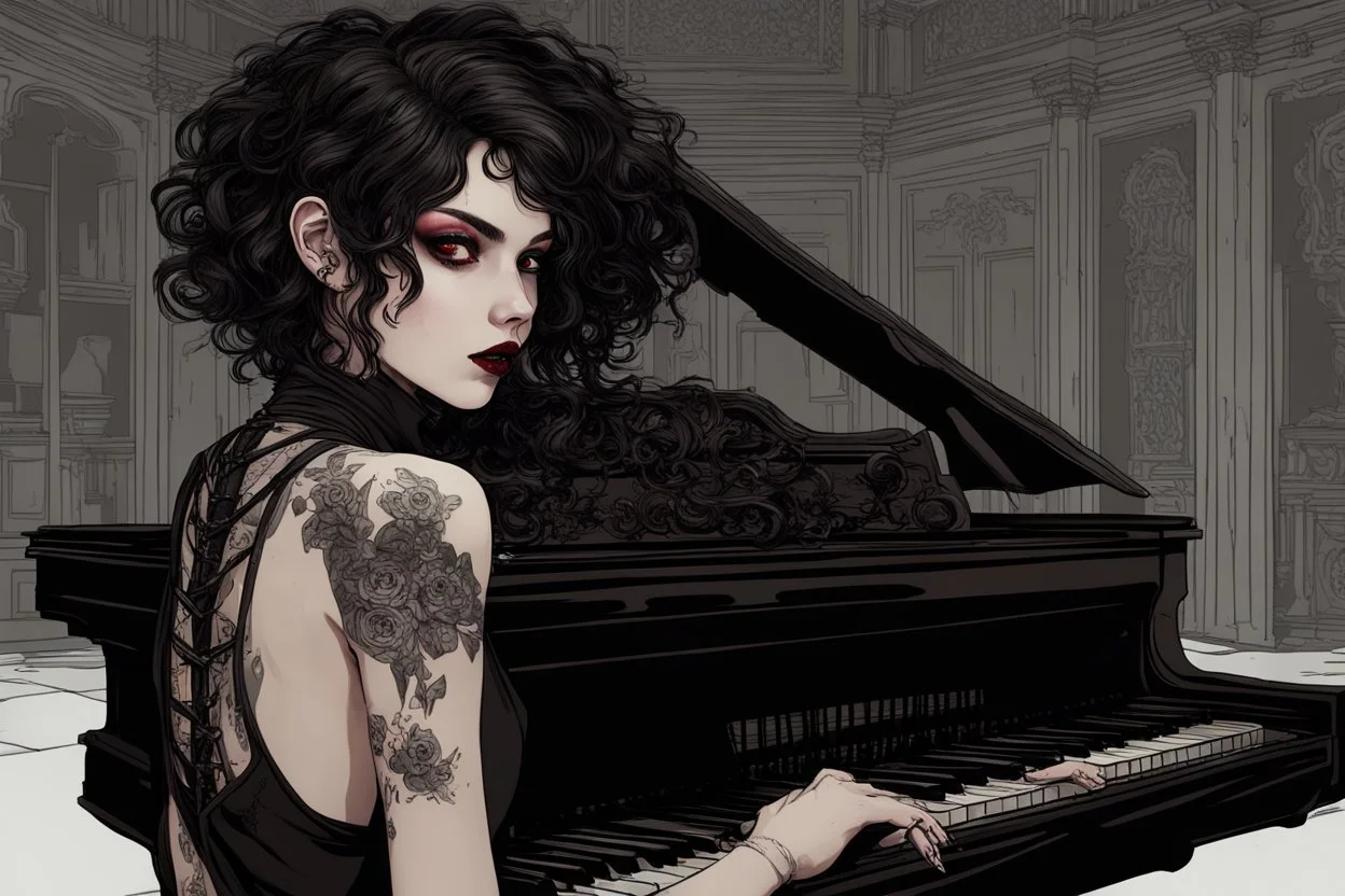 scarred cyberpunk vampire girl with tribal tattoos short curly dark cyberpunk hair playing a grand piano in the library of a decaying gothic mansion at midnight