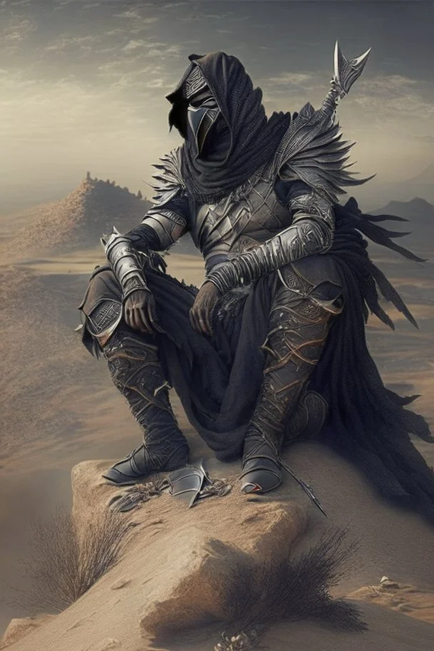 Arab warrior Full Body Full Armored Wearing Face Masculine Mysterious Powerful Fantasy High Quality with his bow black clothes Sitting on a hill