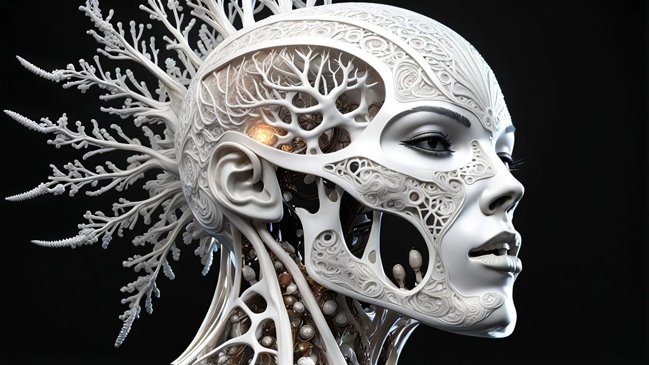 3D rendering of Expressively detailed and intricate of a hyperrealistic “white human vuscular”: glossy white, showing vuscular, side view, scientific, single object, black background, shamanism, octane render, 8k post-production, detailled metalic bones, dendritic, artstation: award-winning: professional portrait: atmospheric: commanding: fantastical: clarity: 16k: ultra quality: striking: brilliance: stunning colors: amazing depth