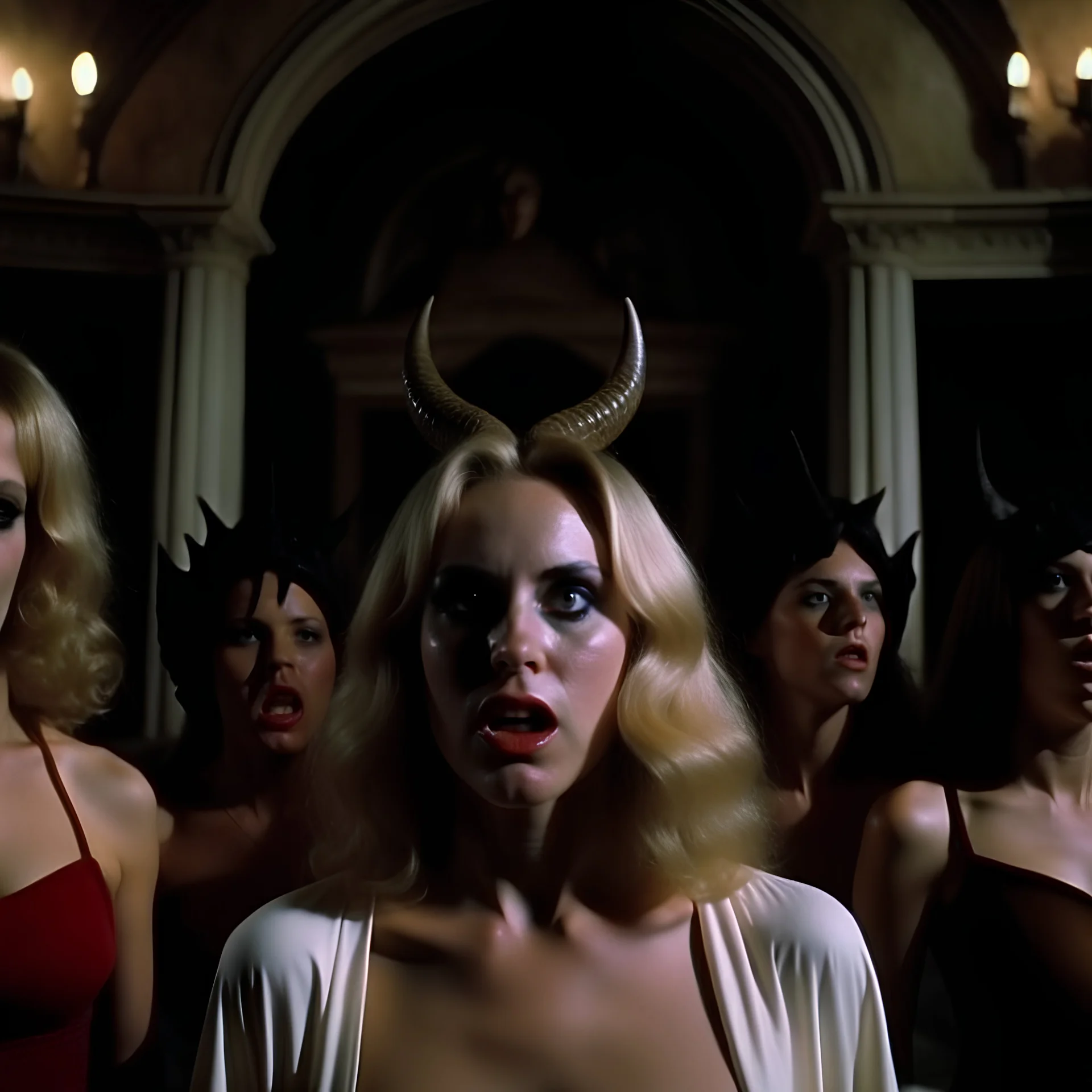 Horror movie shot, spooky, horns, hot, ultra realistic, odd Greek temple, they enjoy and get excited, ultra realistic hot blonde women, pieces of meat, organs, ail, dynamic, very excited people, hypermaximalist figures, light, 1970's Italian horror movie, sinister,, Dario Argento, Stanley Kubrik, ornate, 4k, photorealism