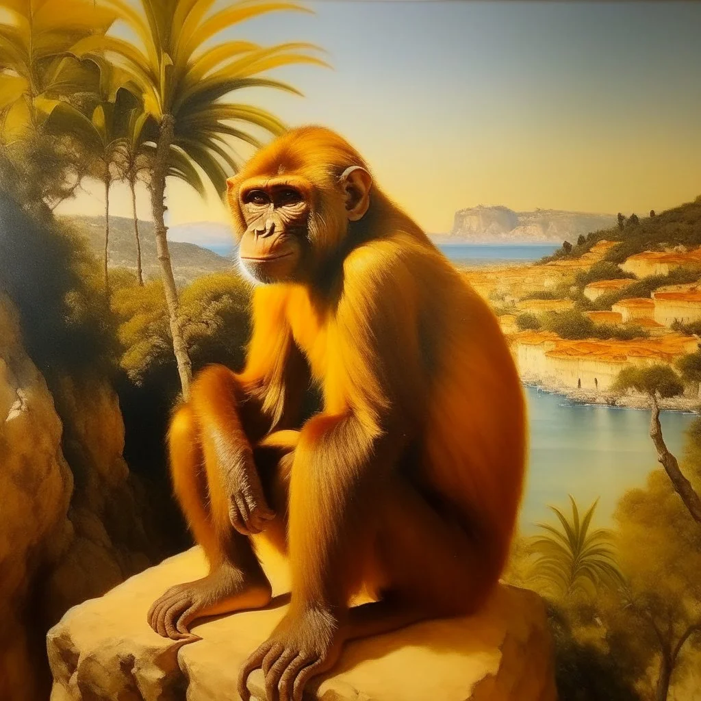 Neoclassicism realistic yellow orange cote d'azur brown monkey landscape sea