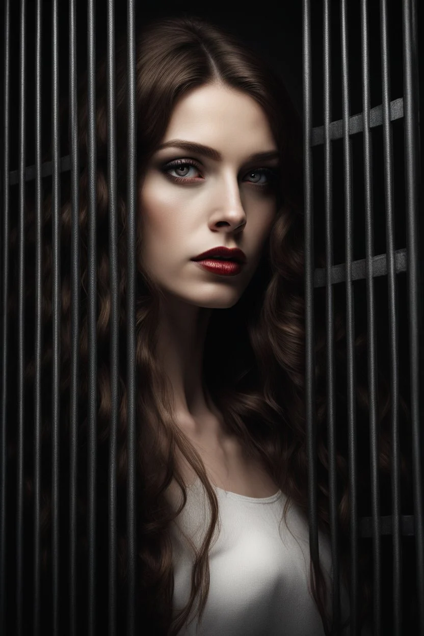 A mesmerizing portrait of a woman with cascading long brown hair that frames her alluring face, which is the central focus amidst the stark and sterile military containment cell that serves as her backdrop. Her striking red eyes pierce through the cold, metallic bars, hinting at an unearthly beauty and a sense of danger that is as captivating as it is intimidating. The contrast of her soft, almost ethereal features against the harsh, institutional surroundings creates a compelling juxtaposition.