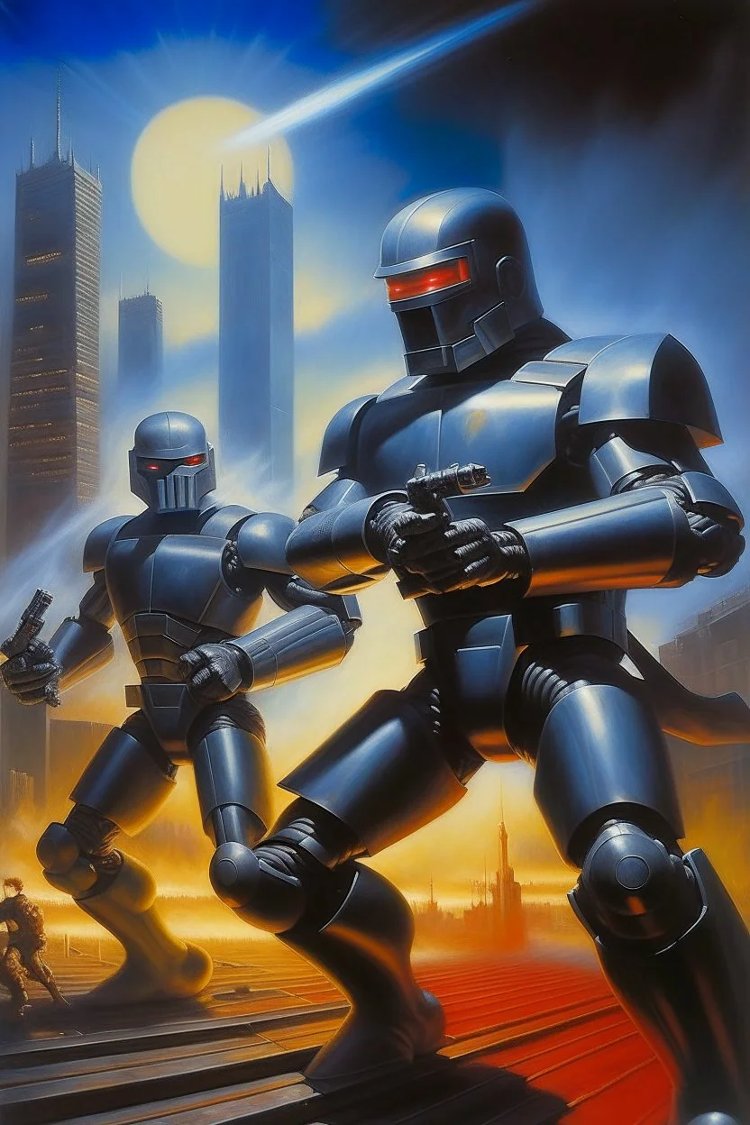 1970's dark fantasy cover dnd style oil painting of robocop fighting terminator in a minimalist far perspective.