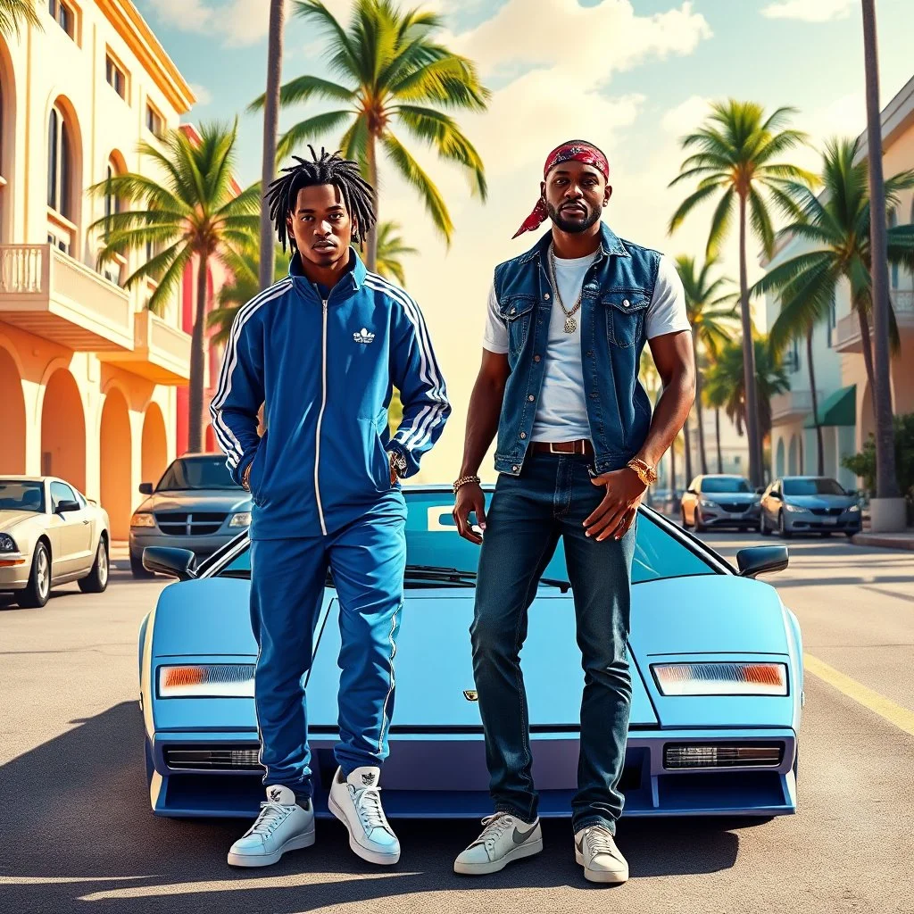 Ultra‑realistic A vibrant, cinematic “Grand Theft Auto: Vice City”-style poster set in a pastel-colored Miami street with Art Deco buildings, tall palm trees, and warm sunlight. Two stylish men stand confidently in front of a vintage Lamborghini Countach. One man wears a blue Adidas tracksuit with white sneakers, hands in pockets, sporting short dreadlocks and a casual relaxed expression. The other man wears a denim vest over a white T-shirt, dark jeans, a bandana, and gold accessories, giving a