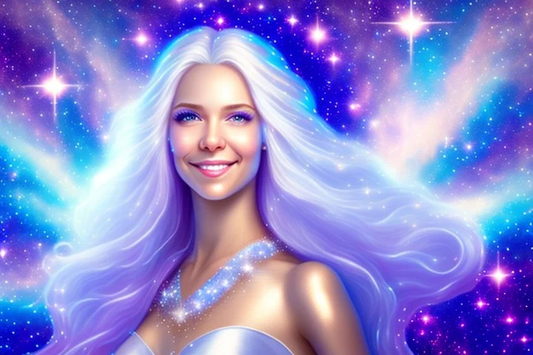 very beautiful cosmic women with white long hair, little smile, with cosmic silver metallic suite and brightly earings. in the background there is a bautiful sky with stars and light beam