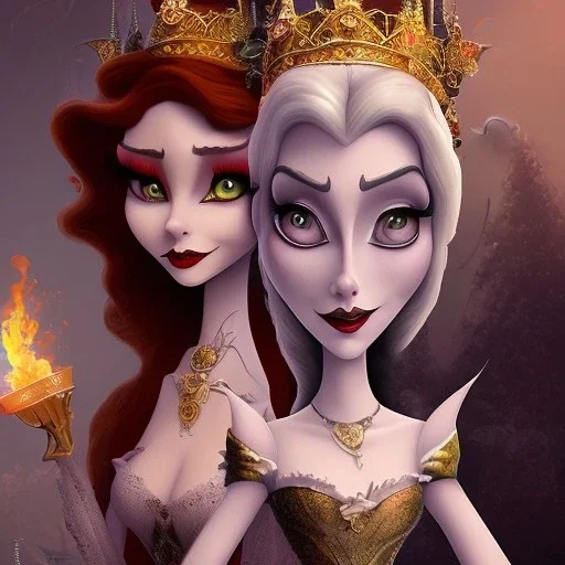 extrem tim burton style and disney style of the evil stepsisters, sharp focus, beautiful eyes