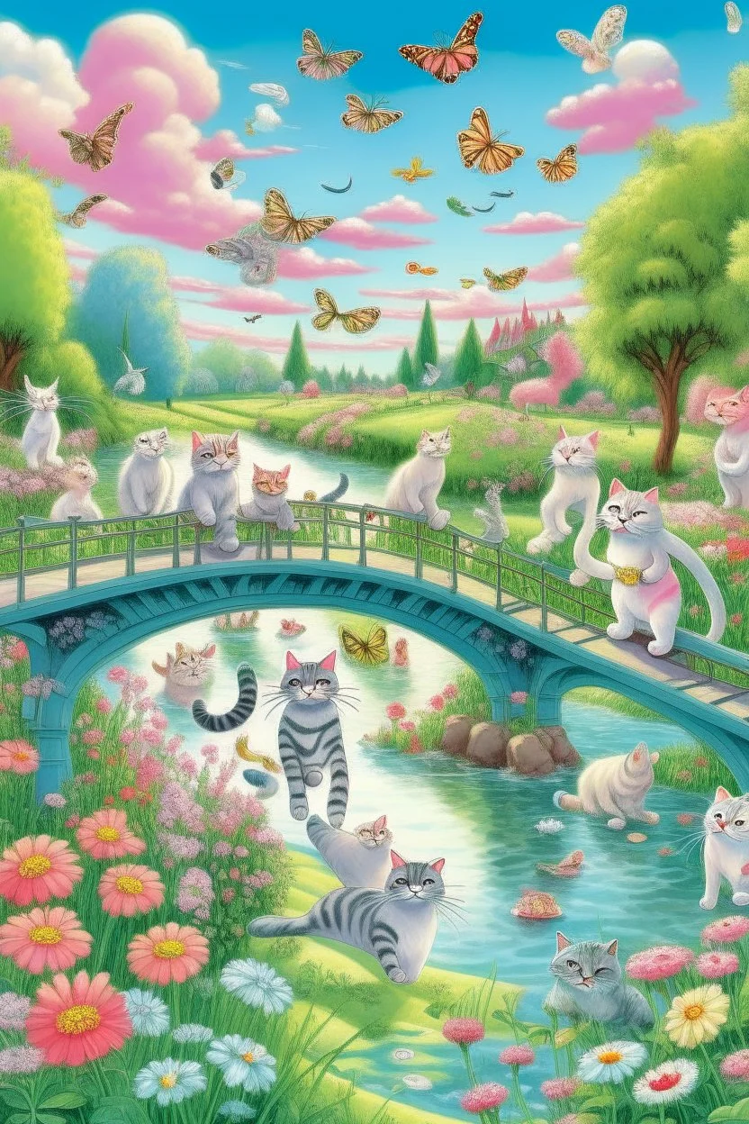 in the center: beautiful chunky cats dancing on a bridge , background: landscape, first plan: pink flowers and a small river with blue water, sky: white clouds with more cats sitting on them