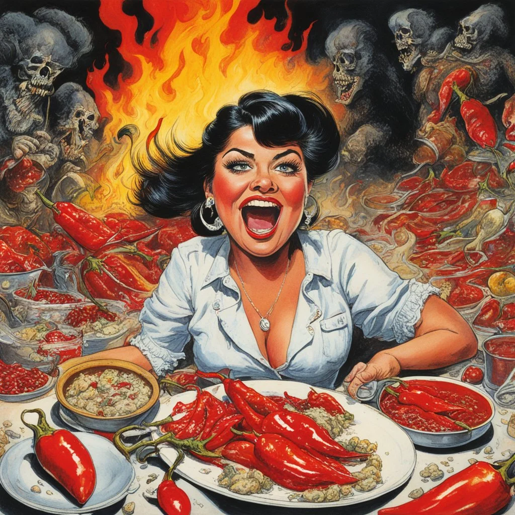 [art by Jack Davis] she's eaten so many chillies she's on fire