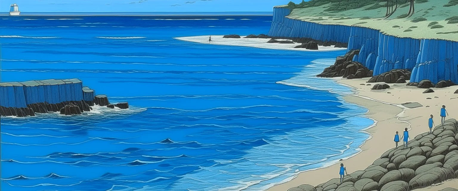 A blue beach near a coral cove painted by John Brack