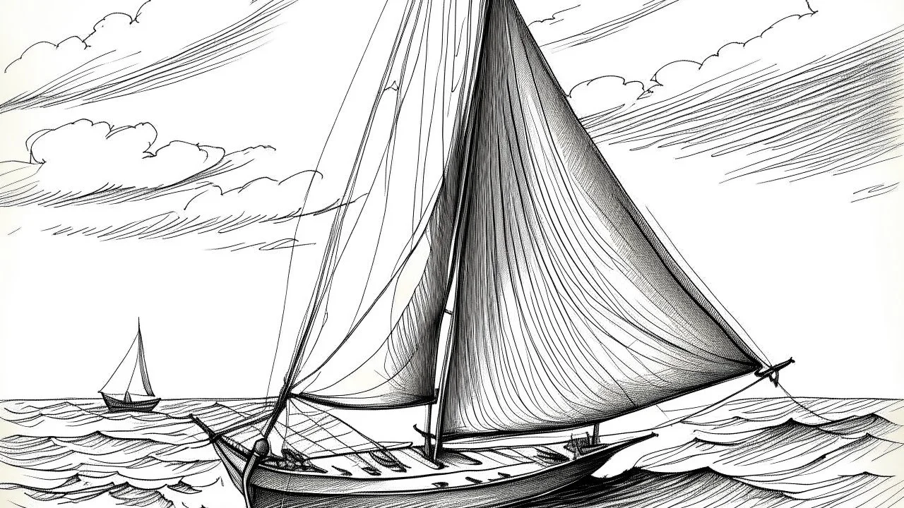 in the charming childish style of a 5 year old with scratchy penwork, a basic sloop, floating on water with the sail full of wind. Off to the side, the same boat mast is depicted, this time with the sail raised and tied upddddddddddddddddddddddddddddddddddddddddddddddddddddddddddddddddddddddddddddddddddddddddddddddddddddddddddddddddddddddddddddddddd