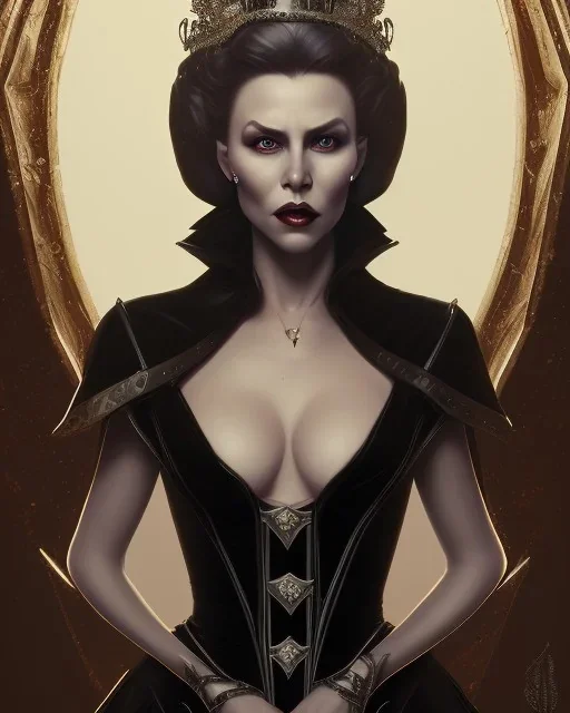 old evil queen in black leather gown, femme fatale, volouptous, busty, cleavage, angry, emperious, 8k resolution concept art portrait by Greg Rutkowski,