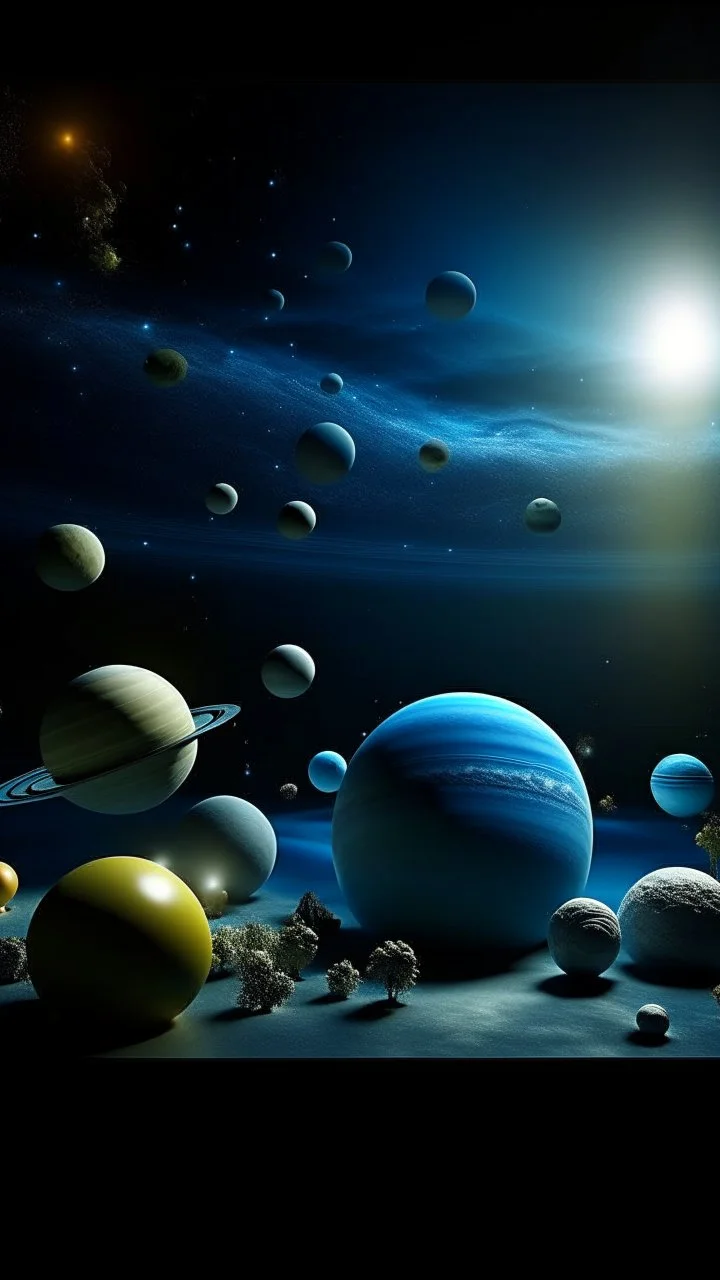 Solar system 12 different sizes plants around in fog blue backdrop with a big spaceship dark hi density photographic