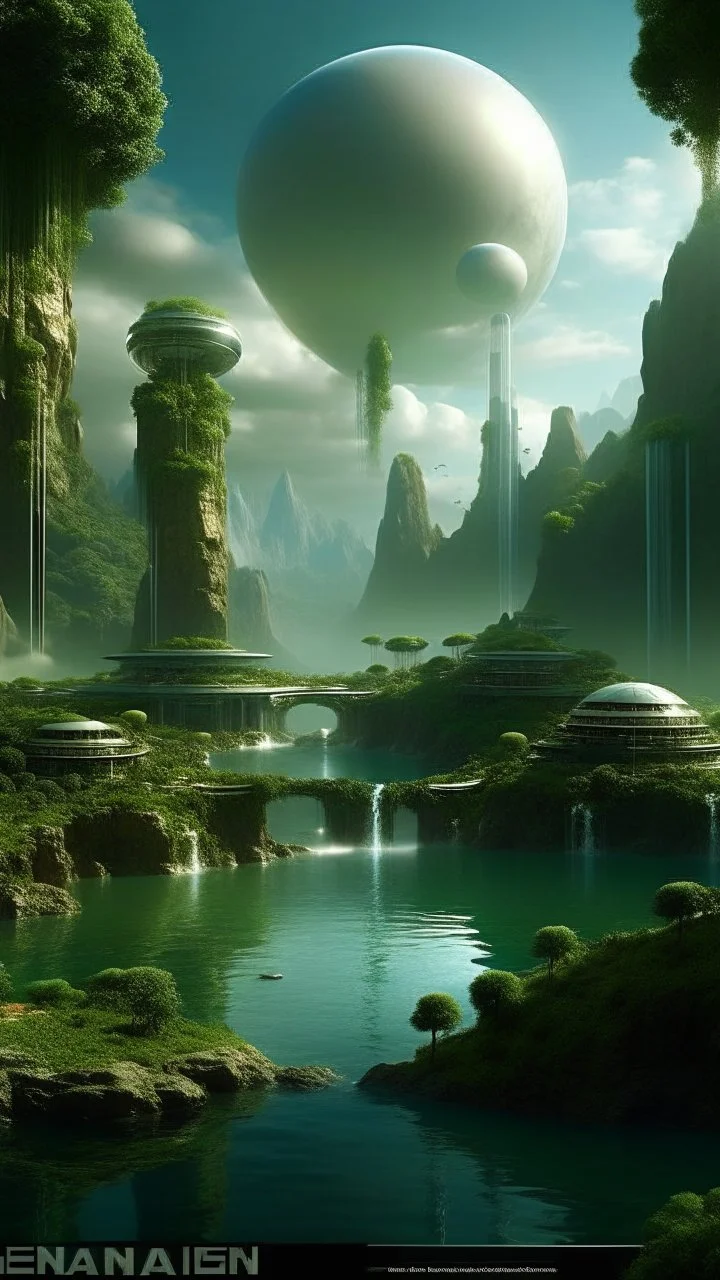 sci fi planet, small futuristic city, waterfalls, lakes, rivers, lush