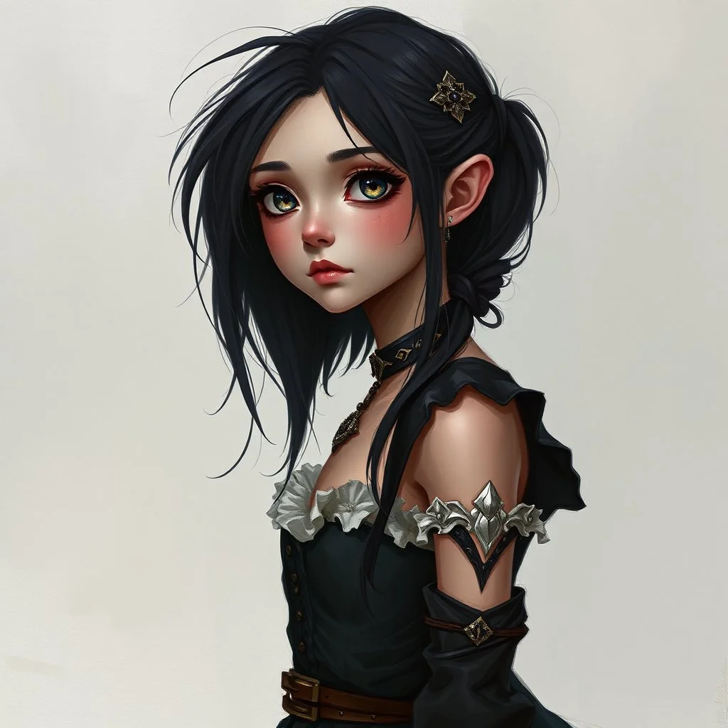 a beautiful girl, skinny, dark hair, gothic clothes, young, medieval fantasy art