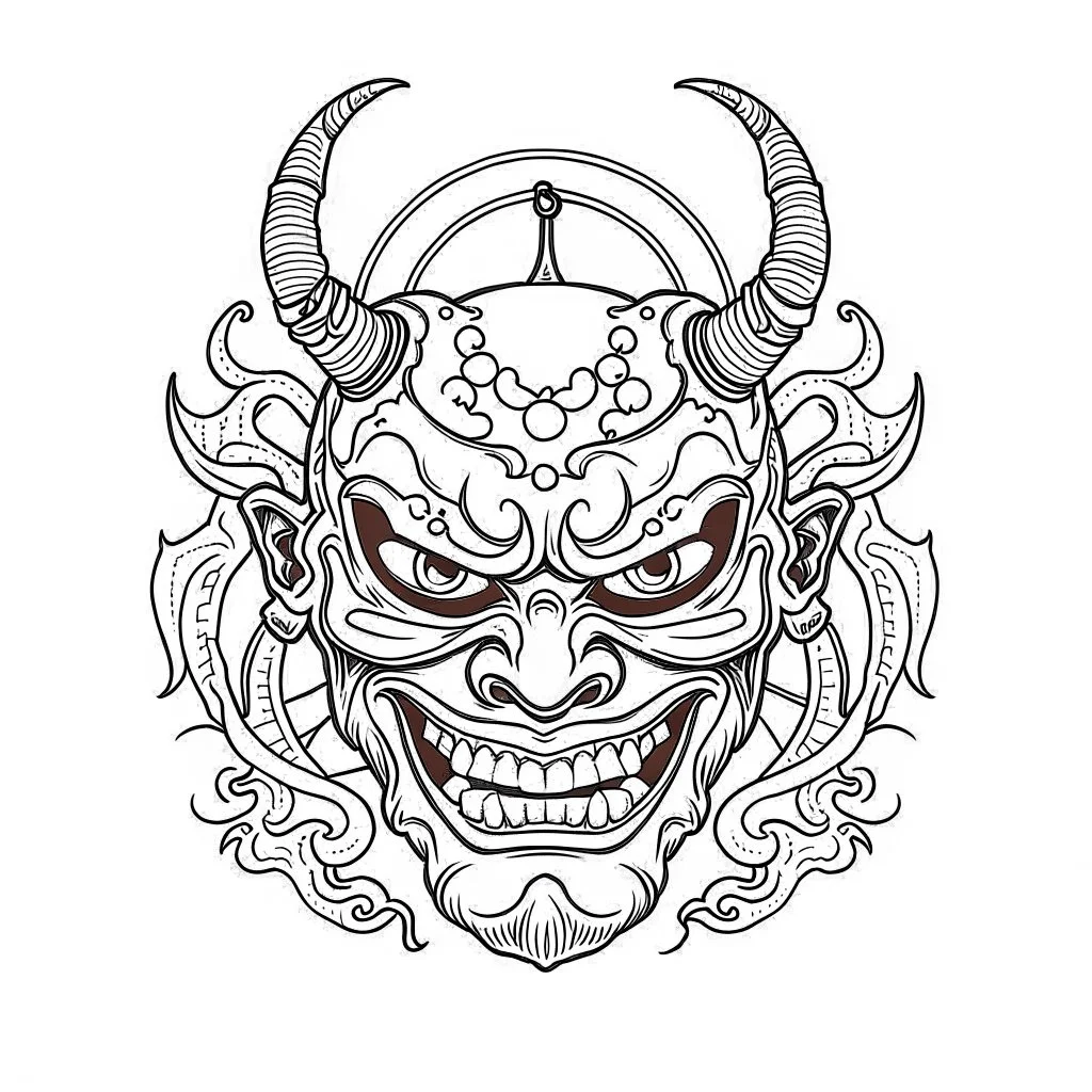 White, minimalis line art , oni mask japanes funny , vector, white background, outline, with images neatly contained within the background, just black and white color,