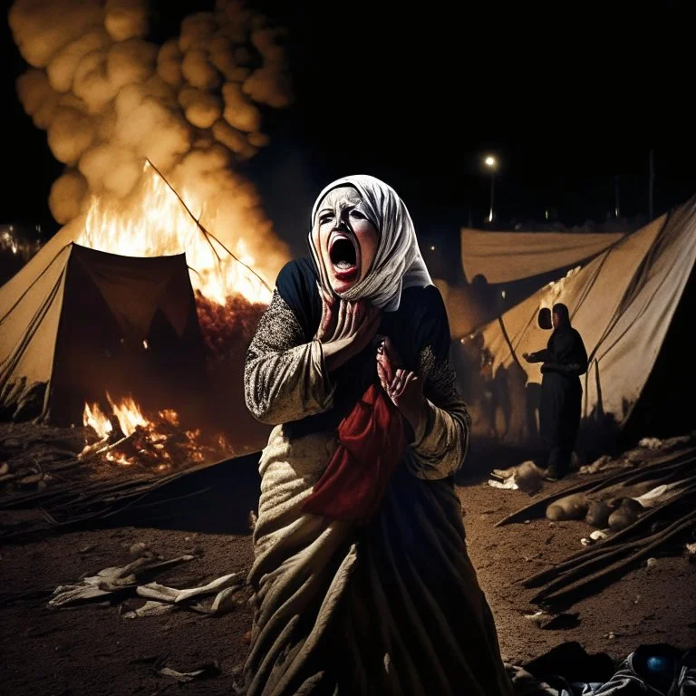 A Palestinian woman wearing the Palestinian dress carries her dead son as she screams and cries at night, with explosions in refugee tents behind her.