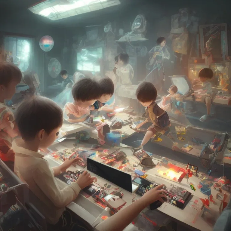 only japanese children play gaming, controller in hand, gaming room