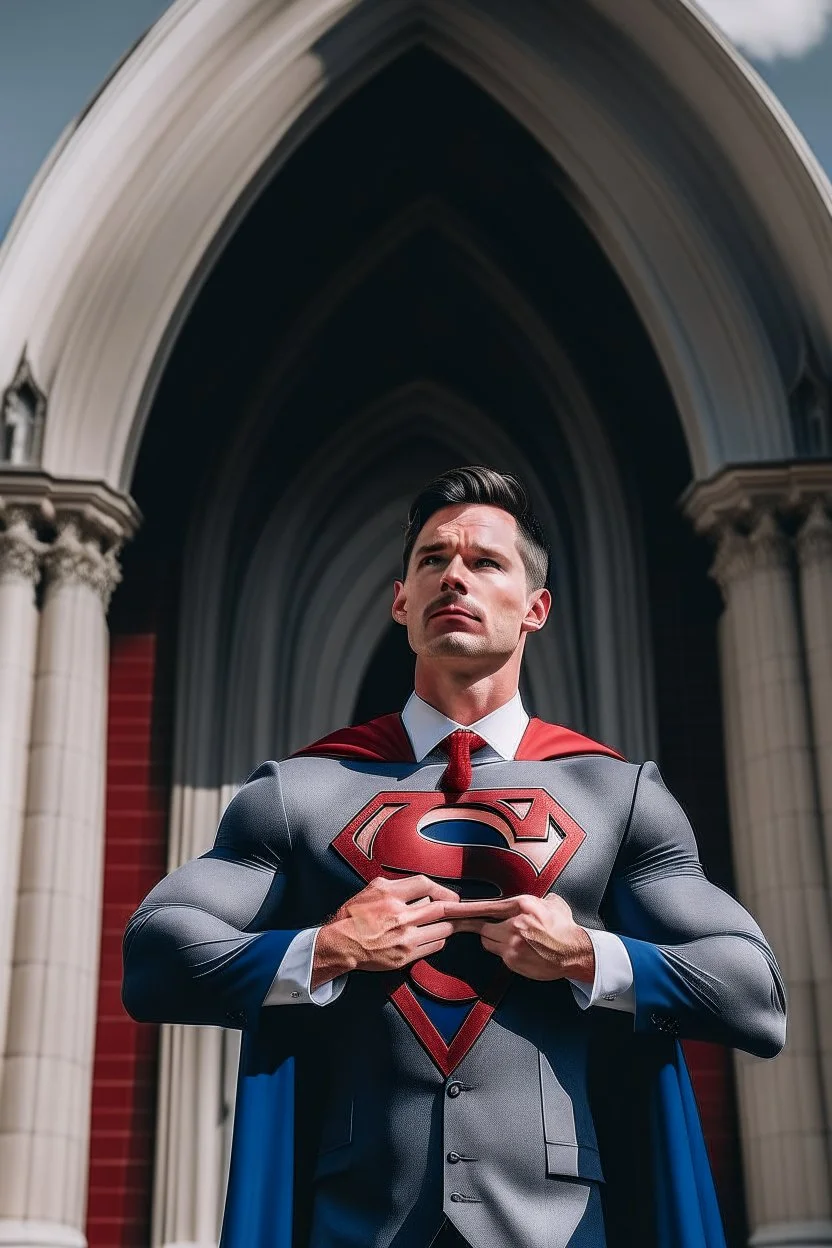man dressed in church dress clothes opening his shirt like superman and bearing his chest in front of a church