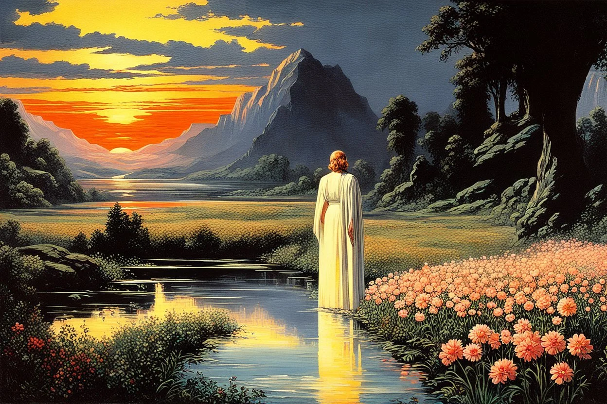 Beautiful epic sunset, logan's run 1976 movie influence, cosmic, people, rocks, holiday influence, river, flowers, very epic and philosophic, walter leistikow, alfred munnings, and hans am ende impressionism paintings