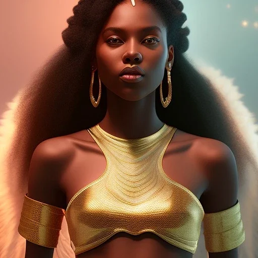 A black woman with long hair, fantasy setting, ethereal, soft lighting, angel wings