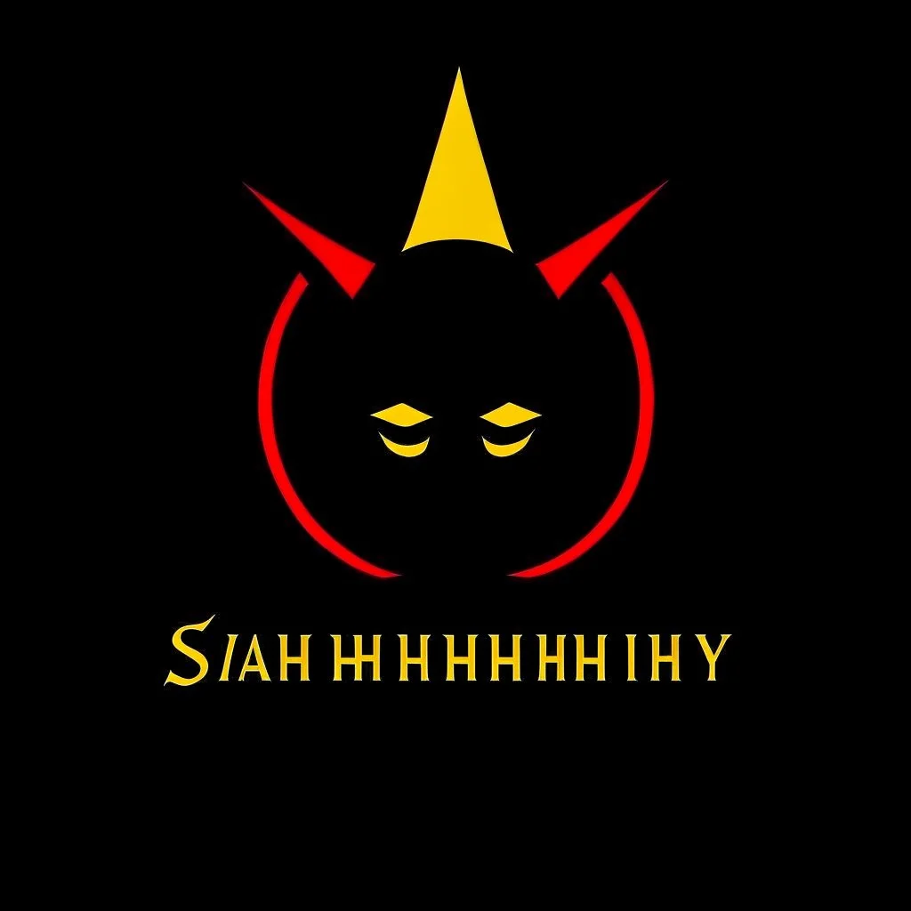 minimalist logo for rock band dirty yellow text "SARDONIC HARMONY" in a futuristic font, sinister evil marshmallow head with headphones and red flames silhouette, dark negative space, stylish, wow factor