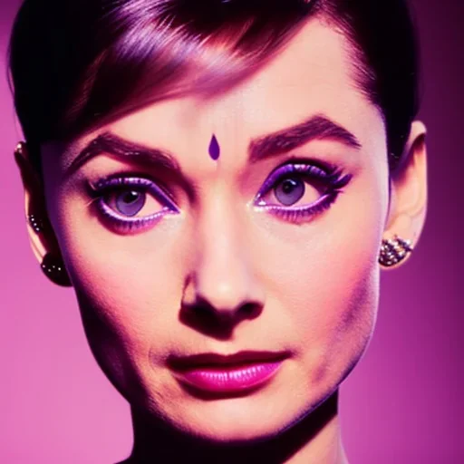 Audrey Hepburn has purple effect. She has beautiful eyes, Her hair flies in the air. with yellow flowers for hair, closed eyes, rtx, reflection, 8k, glow, winning photography, caustics