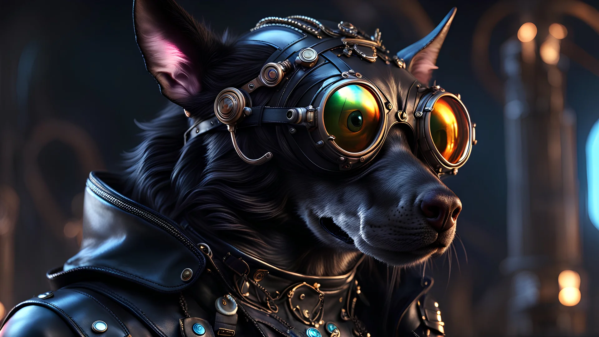 (iridescent:1.5) (diaphanized:1.5) beautiful (demon hellhound:1.5) wearing pearlescent black leather clothes and flesh steampunk goggles, sharp focus, ultra detailed, back lit, dynamic lighting, 8k resolution, trending on Artstation, stunning, award winning