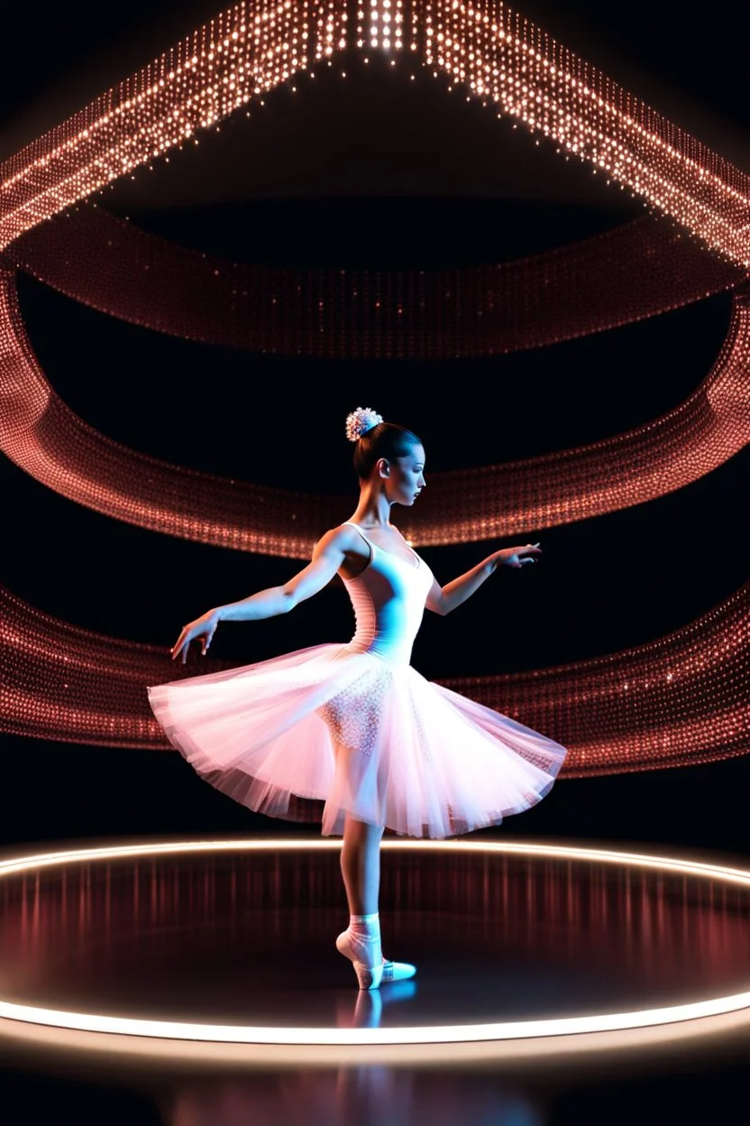 mocap graphic, ballerina dancing in a 3d recursive fractal stage with disco flashing lights