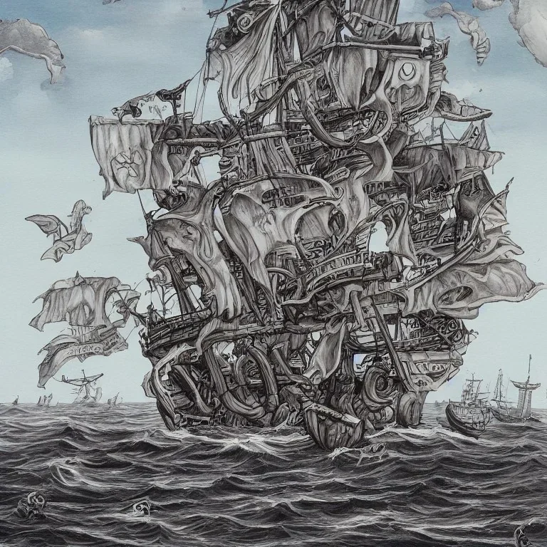 Skeleton pirates on a big, scary ship, artistically