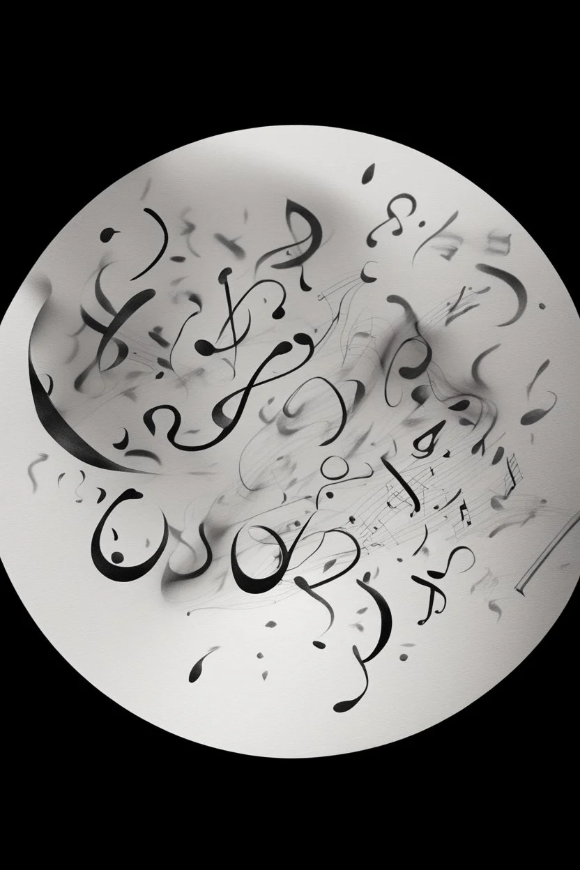 A realistic drawing in negative space black ink on white background of a musical notes and twisted notes 3D with abstract brushstrokes to enhance sheets music pages max enrist