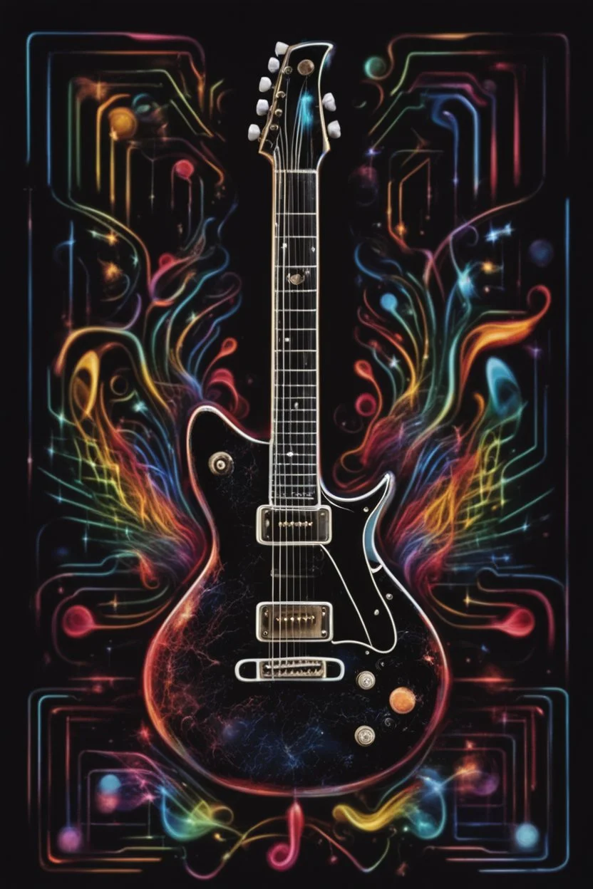 a symphonic flow of shining music turning into a guitar of light :: dark background , guitar neons, of colorful light