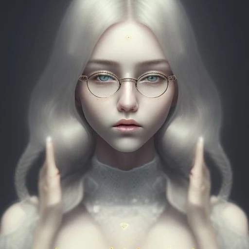 three girls, glasses, portrait, leaning pose, sueter, dead eyes, emotionless face, long white hair, full body, realistic painting, tattoo, intricate detail, long white hair, cute, small girl, symmetrical, emotionless, big dreamy eyes,