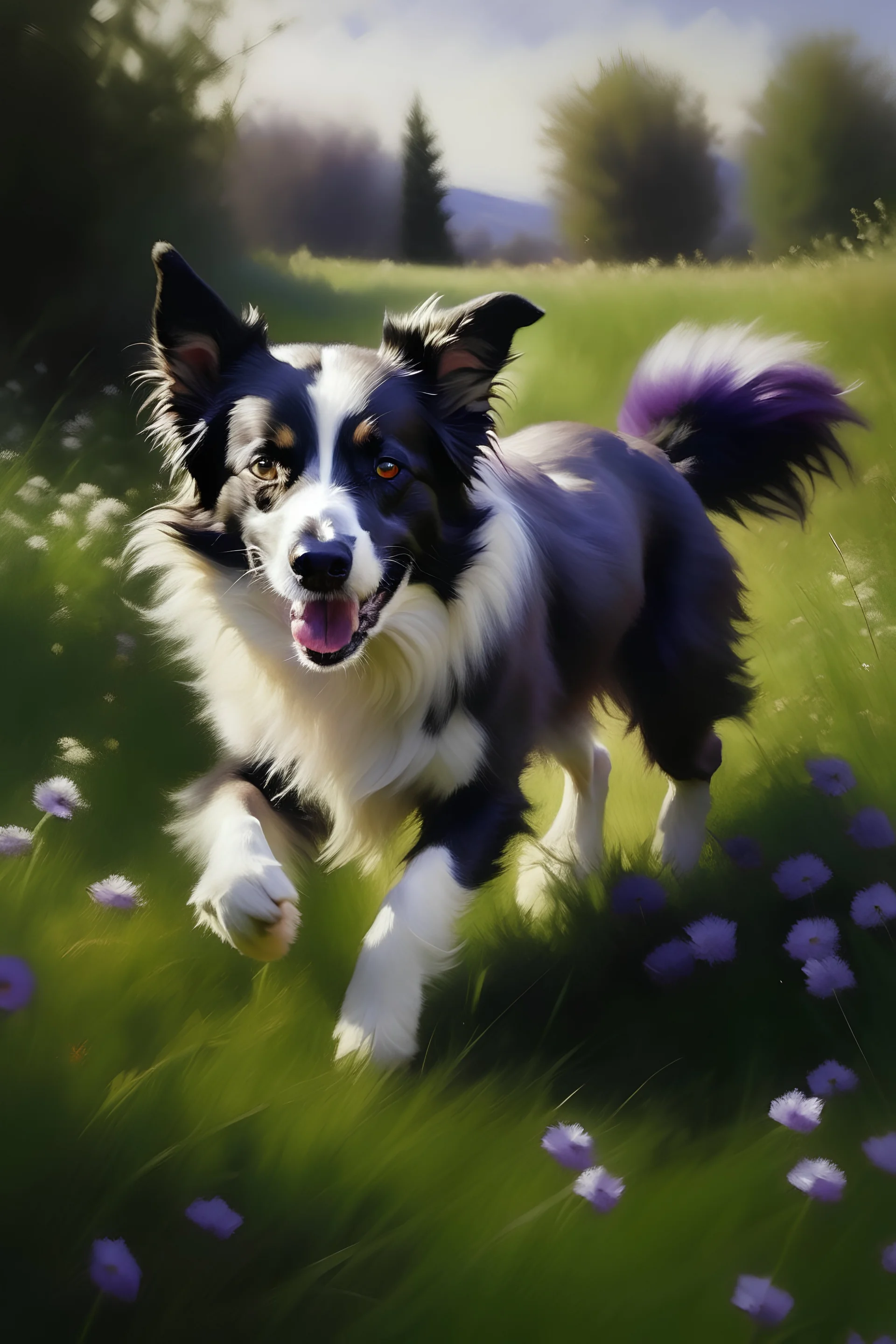 (A cute Border Collie:1.2), (Running on a sunny grassy lawn:1.1), (Covered in purple lilac flowers:1.1), Medium Shot, Natural Lighting, (Realistic, Naturalistic:1.1)