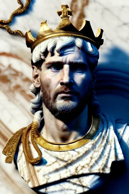 Realistic image, Roman sculpture made in white marble with gold veins, Lionel messi with gold laurel leaves crown, decorative star on the chest, waist up portrait, marble material, gold ornaments, Baroque style, sun rays background, epic, celestial, cinematic lighting, God lights, 4k resolution, smooth details, soft lighting, unreal engine 5, art station, substance 3d.