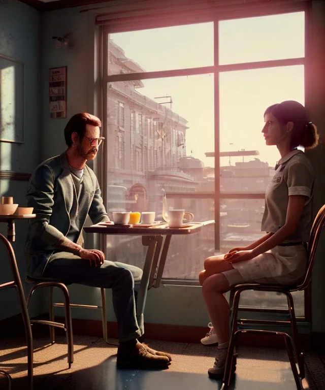 Realistic scene, American shot view, 0 gravity, levitating man and woman sitting in cafeteria and having breakfast, Wes Anderson, fly, floating, soft color, highly detailed, unreal engine 5, ray tracing, RTX, lumen lighting, ultra detail, volumetric lighting, 3d, finely drawn, high definition, high resolution.