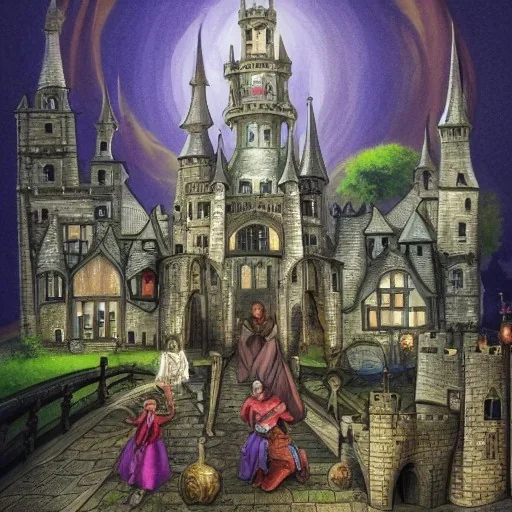 A magical gothic canal city of wizards, witches and warlocks with a castle and huge caravan houses Nick Harris style