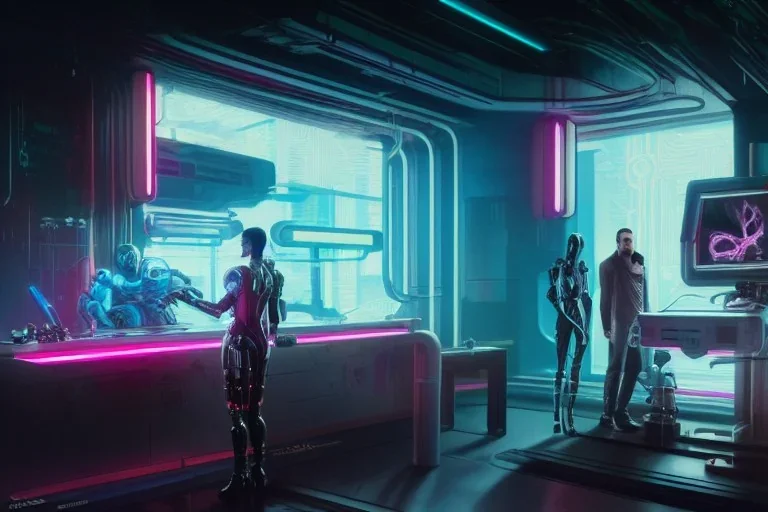 ( cyberpunk 2077, bladerunner 2049 ), a complex thick bifurcated robotic cnc surgical arm cybernetic symbiosis hybrid mri 3d printer machine making a bio chemical lab, art by artgerm and greg rutkowski and alphonse mucha, biomechanical, lens orbs, global illumination, lounge, architectural, f 32