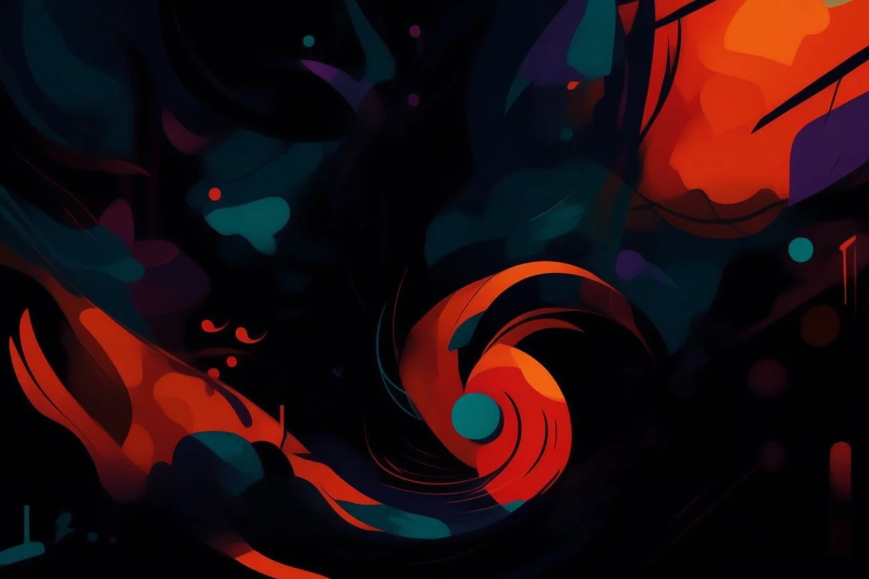 "Generate an abstract artwork that captures the eerie essence of Halloween using dark, vibrant colors and striking shapes."